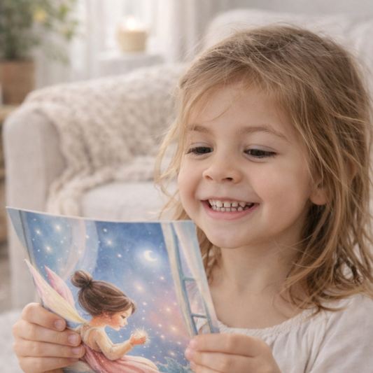 Child holding a fairy letter with a smiling expression