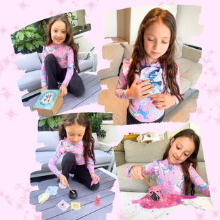 Collage of a girl playing with craft materials on a couch.