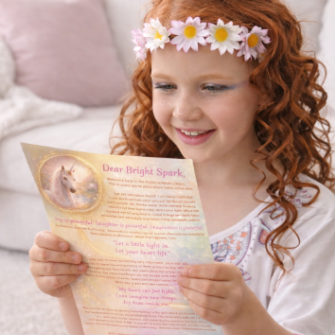 Young girl with a flower crown reading a letter titled 'Dear Bright Spark' on a soft background. Little Luminaries
