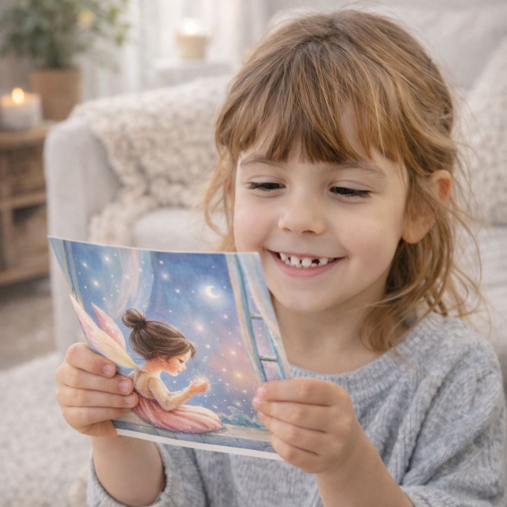 Child holding a tooth fairy letter with a smiling expression
