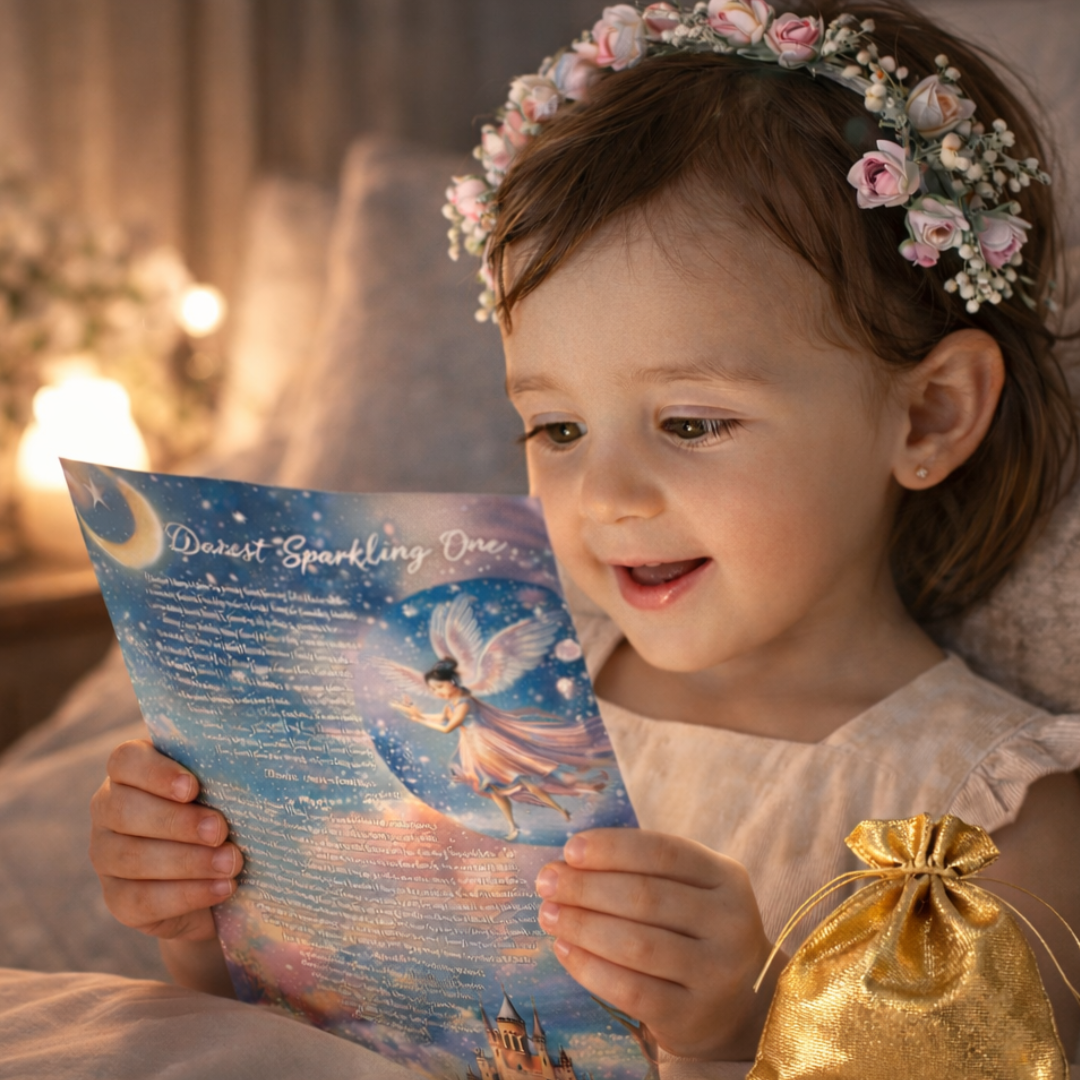 Child holding a fairy-themed letter with a floral headband and gold bag in a warm, cozy setting.