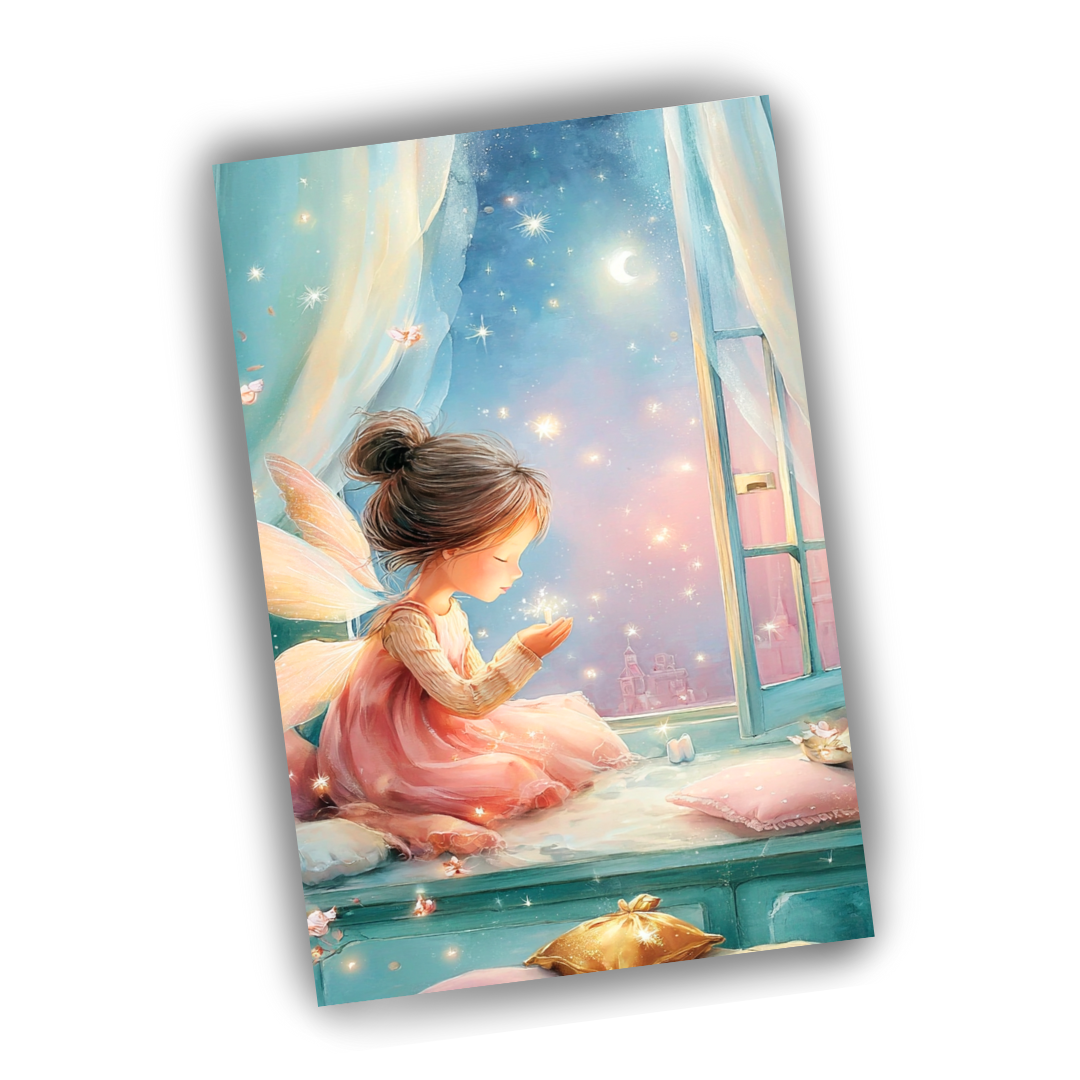 Illustration of a fairy sitting by a window with stars outside