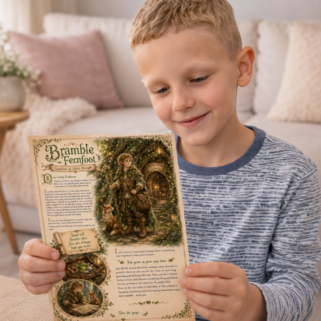 Child holding a book titled 'Bramble Fernfoot' in a cozy living room.