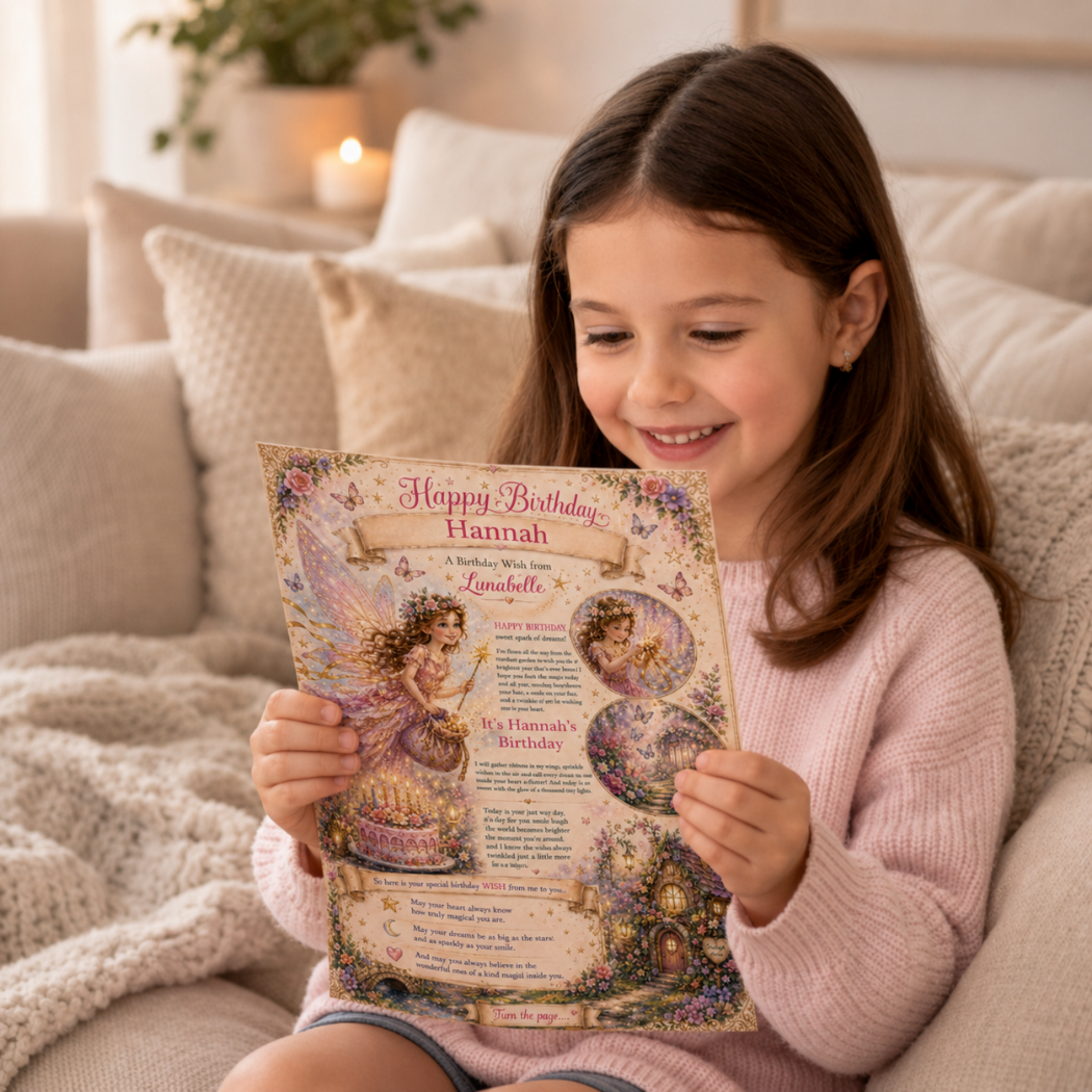 Young girl holding a birthday card with a fairy design on a cozy couch.
