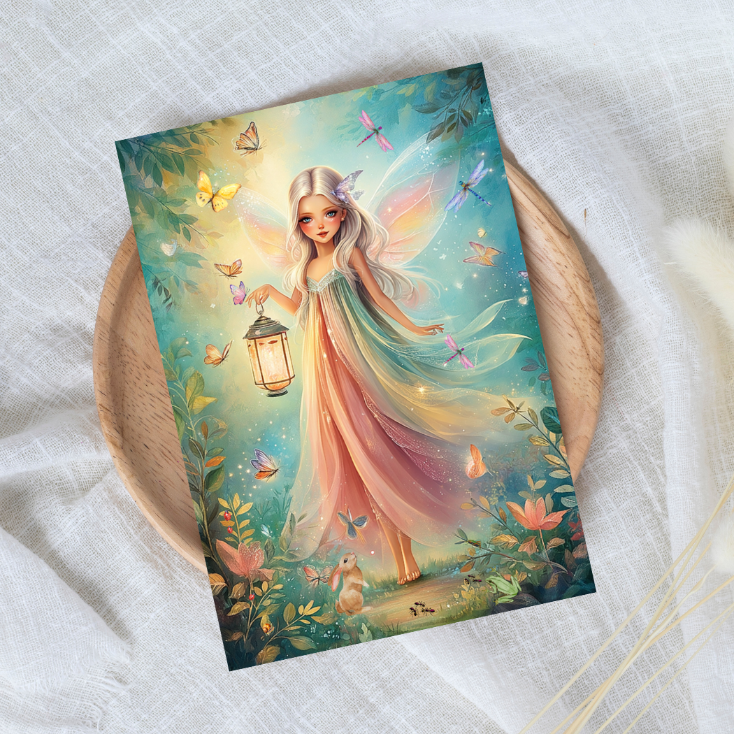 Fairy-themed greeting card with a fairy holding a lantern on a white fabric background