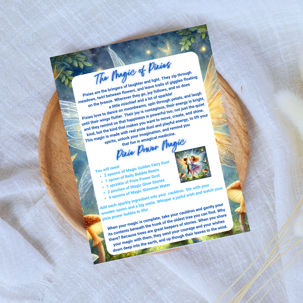 Instructions for 'The Magic of Pixies' on a wooden plate with fairy-themed design