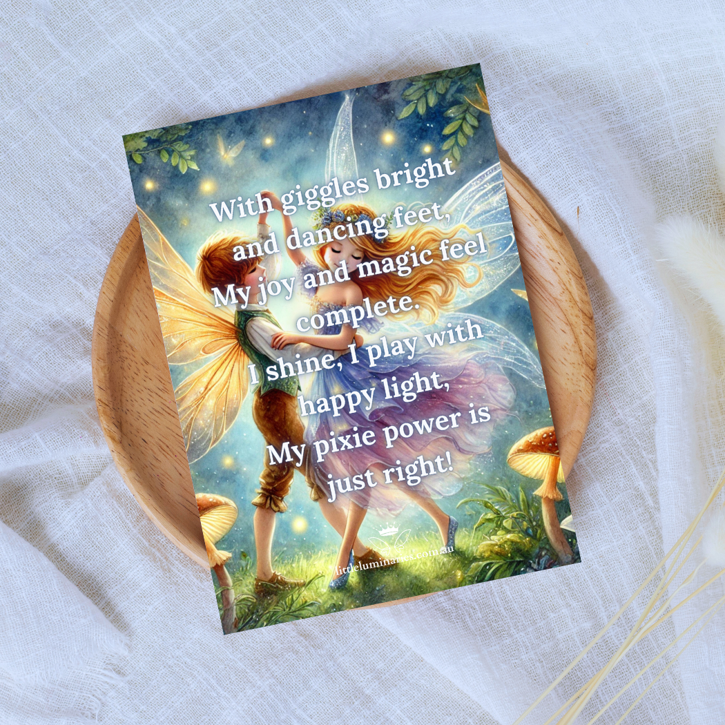 Card with fairy design and text on a white fabric background