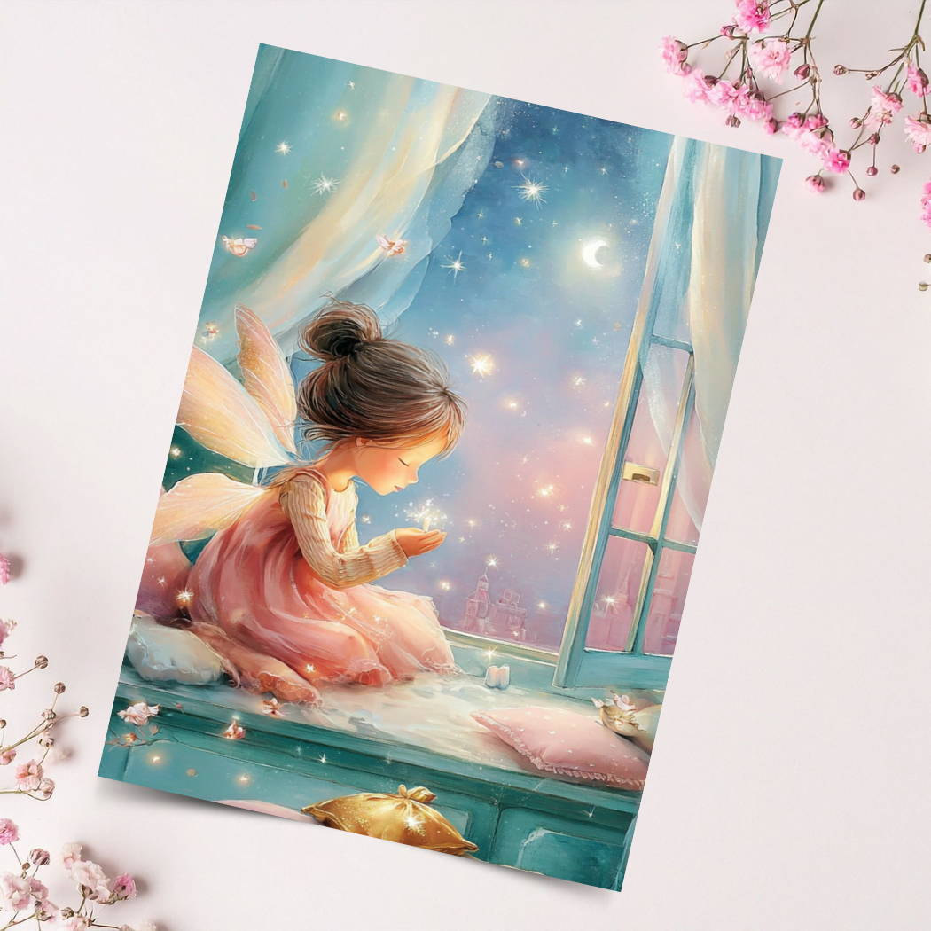 Illustration of a fairy in a pink dress looking at a star by a window with flowers around.