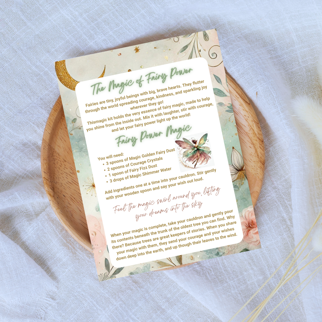 Fairy power kit with instructions on a wooden plate