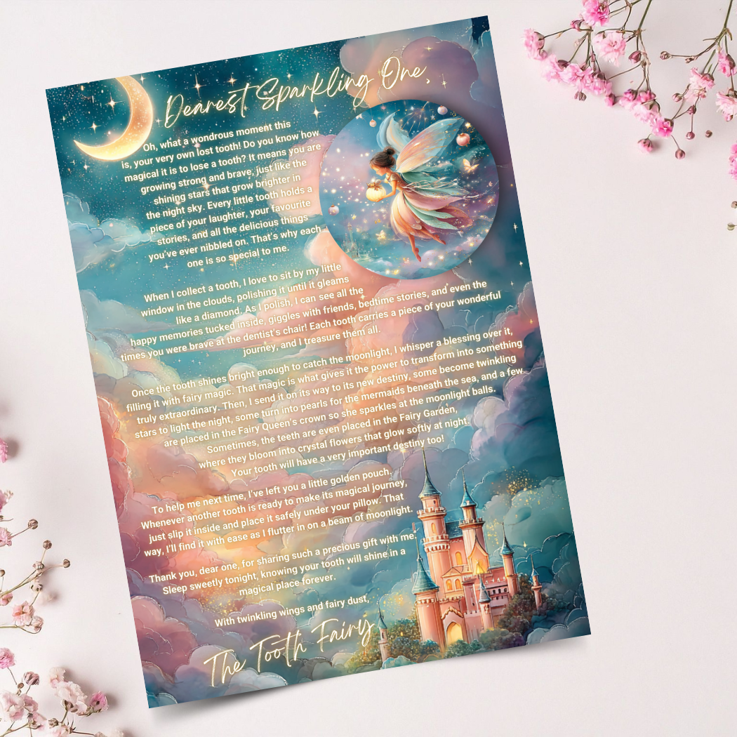 Letter from the Tooth Fairy with fairy and castle illustration on a colorful background
