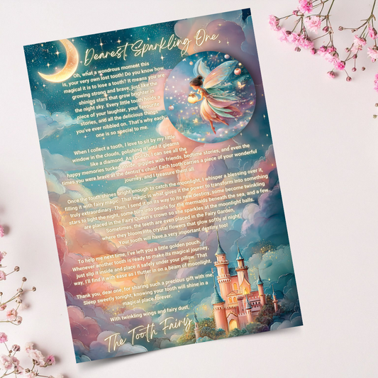 Letter from the Tooth Fairy with fairy and castle illustration on a colorful background