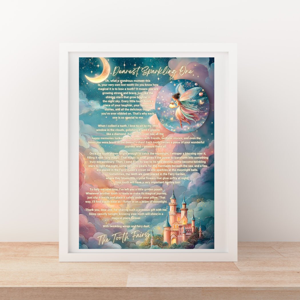 Framed artwork with a fairy, moon, and castle design on a white wall.