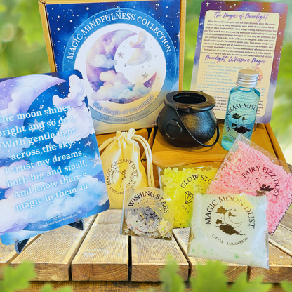 Magic Mindfulness Collection with various items on a wooden surface outdoors
