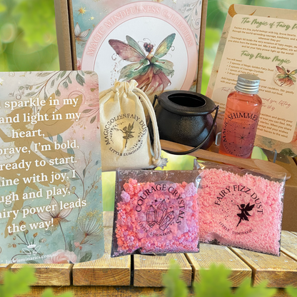 Fairy-themed products including a bottle, pouch, and bags with fairy dust on a wooden surface.