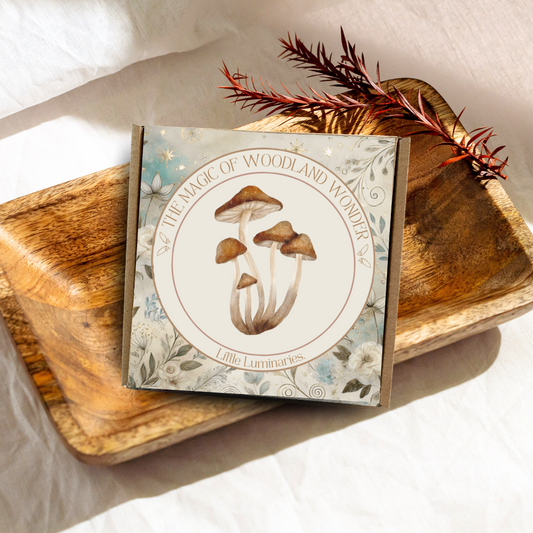 Wooden box with a mushroom design on a white background
