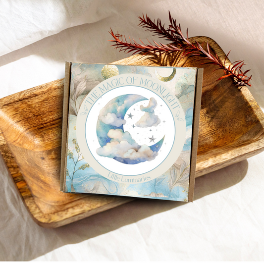 Book titled 'The Magic of Moonlight' on a wooden surface with decorative elements.