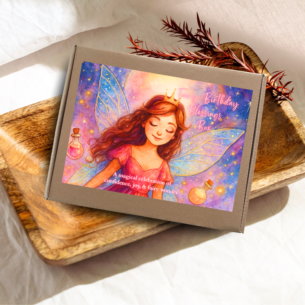 Gift box with fairy design on a wooden surface