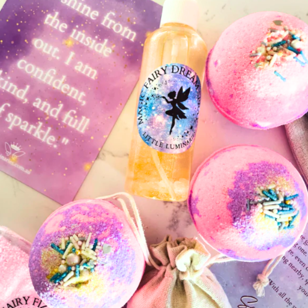 Bath bombs with fairy design and motivational quote card