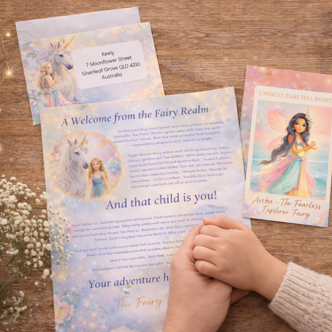 Fairy-themed greeting card and letter with a child's hands on a wooden surface.