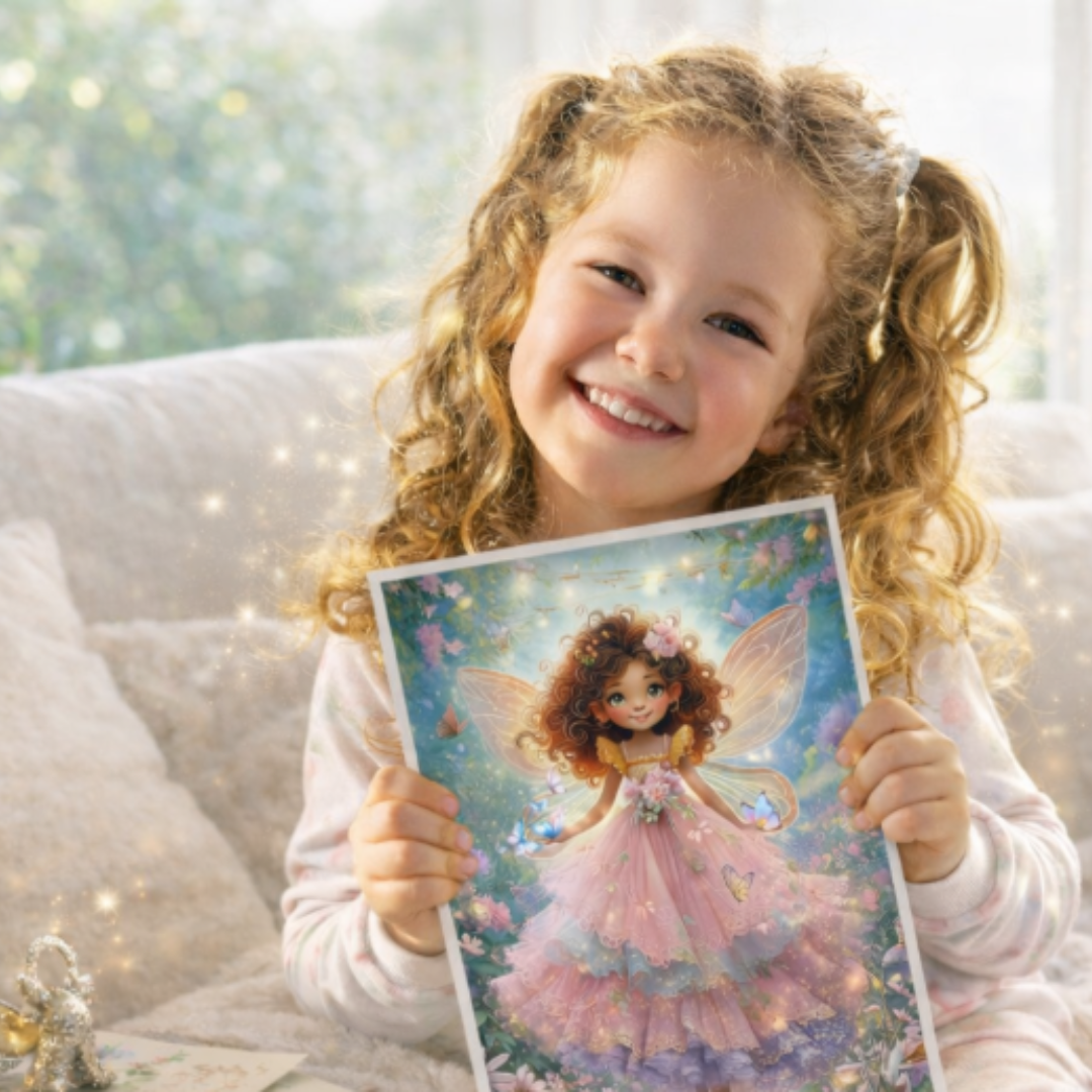 Child holding a fairy-themed picture on a soft, blurred background